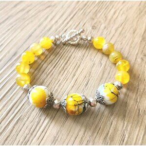 Yellow Fire Agate Bracelet Glass Focal Semi Precious Stone 7"Handmade D NWOT